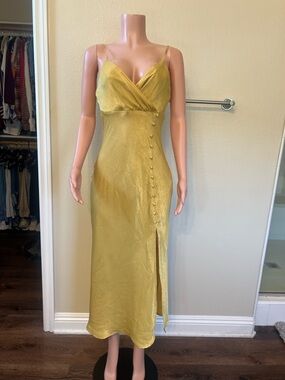 Zara Satin Slip Midi Dress in Mustard Yellow with Side Button Detail. Size M.